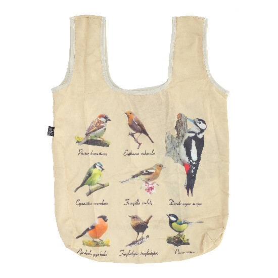 Folding bag Birds, easily packable in the included case, double-sided, with a colorful print of forest and garden birds with descriptions, 41 x 4 x 59.5 cm|Esschert Design