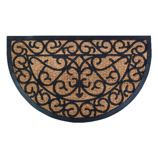 Gumová Rohožka "BEST FOR BOOTS" polguľatá s kokosovým vláknom a ornamentami, čierna, 74,5 x 45 cm | Esschert Design