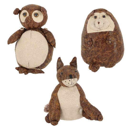 Leather door stopper FOX, OWL, HEDGEHOG, imitation leather, brown, 22 cm and 20 cm and 17 cm, package contains 3 pieces! (SALE)|Esschert Design