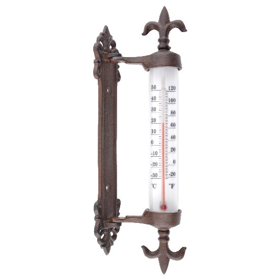 Obrotowy termometr okienny FLEUR de LYS „ŚWIAT POGODY”, żeliwo, 6x10x30cm|Esschert Design