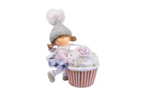 Decoration GIRL & CUPCAKE, polystone, cream, 12x16x8.5cm|Ego Dekor