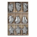 Heart/tree/star ornament, metal, white/metal, box 6 pcs, PACKAGE CONTAINS 3 TYPES OF ORNAMENTS!|Ego Dekor