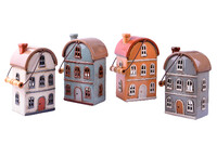 MyScandi Ceramic candlestick and decoration HOUSE on SAN MIGUEL square, white/blue/orange/grey, 24cm